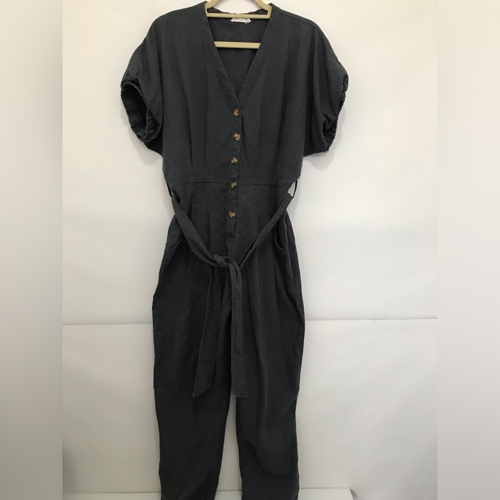 In Loom Linen Button-Front Jumpsuit with Tie Waist Size L